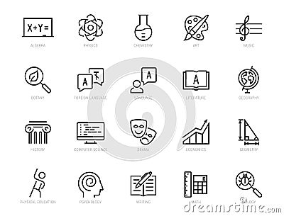 School subjects icons in thin line style Vector Illustration