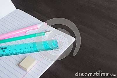 School supplies and accessories on blackboard background. concept Back to school Stock Photo