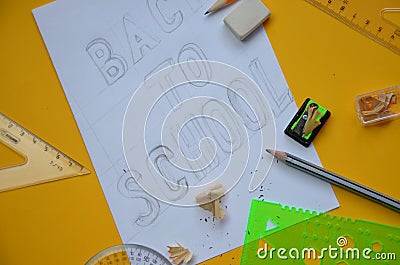 School supplies on blackboard background ready for your design Stock Photo