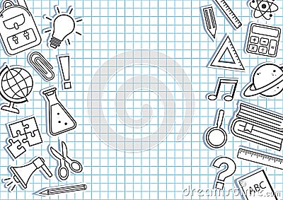 School supplies border on checkered background. Education frame. Vector Cartoon Illustration