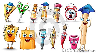 School supplies Cartoon characters set collection Vector watercolor. Notebook pen and ruler funny characters Vector Illustration