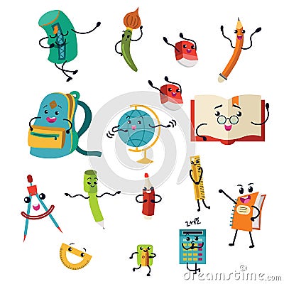 School supplies characters set of icons Education equipments Vector Illustration