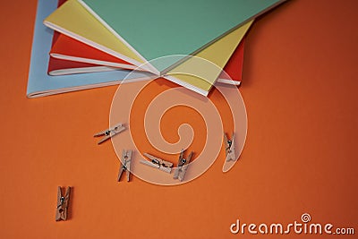 School supplies with colorful pencils and notebooks. Stock Photo