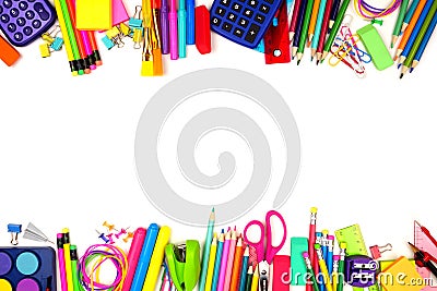 School supplies double border, top view isolated on a white background with copy space. Back to school. Stock Photo