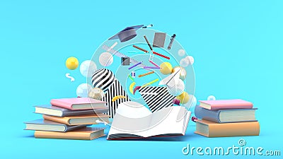 School Supplies Floating out of a book amidst colorful balls on a blue background Stock Photo