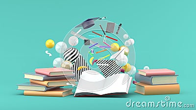 School Supplies Floating out of a book amidst colorful balls on a green background Stock Photo