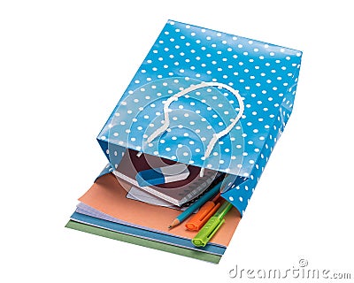 School supplies in a gift bag Stock Photo
