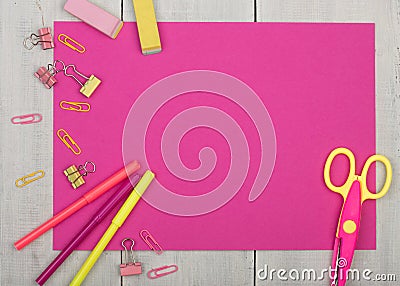 School supplies for girls - pink paper, scissors, stickers, eraser and other accessories Stock Photo
