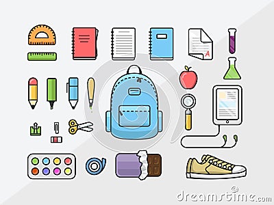 School supplies icon set, back to school outline illustration, flat template of educational kit Vector Illustration