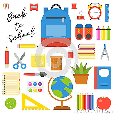 School supplies icon set in flat design for back to school theme Vector Illustration