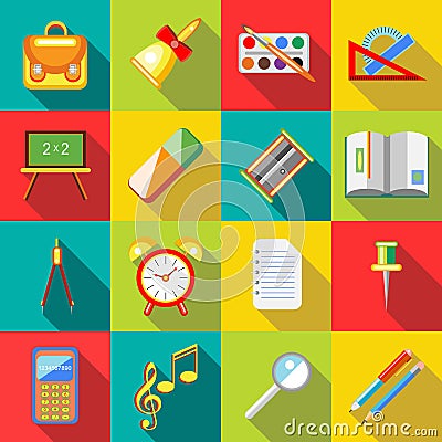 School supplies icons set, flat ctyle Cartoon Illustration