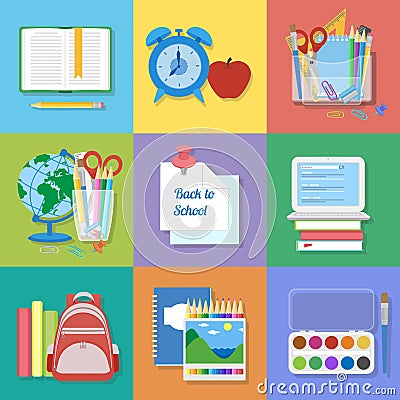 School supplies and items set. Back to school. Vector Illustration