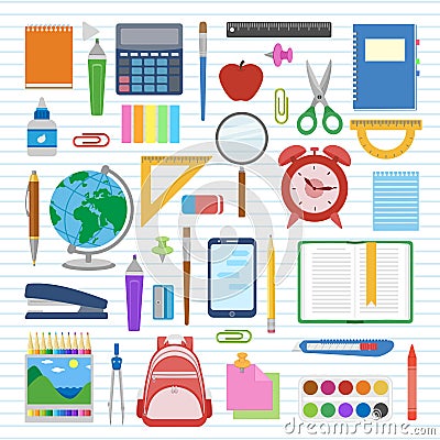 School supplies and items set on a sheet in a line. Back to school equipment. Vector Illustration