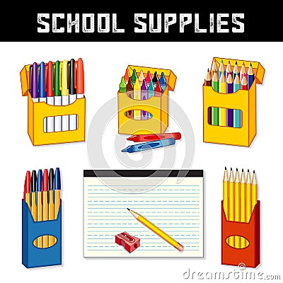 School Supplies, Markers, Crayons, Pens, Pencils, Lined Paper Vector Illustration