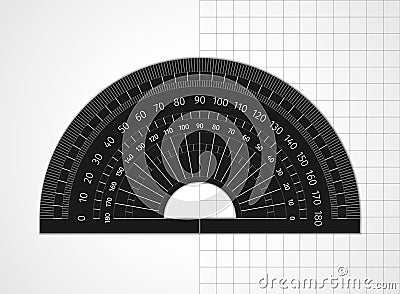 School supplies. Measuring tool. Black plastic protractor Vector Illustration