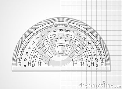 School supplies. Measuring tool. Transparent plastic protractor Vector Illustration