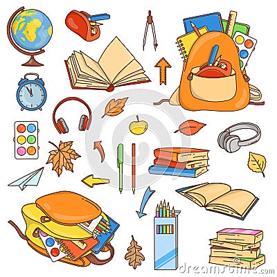 School supplies and objects. Doodle style. Vector Illustration