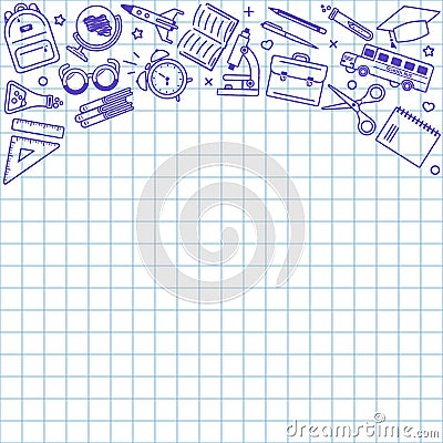 School supplies outline icons on white background. Frame. Back to school Vector Illustration