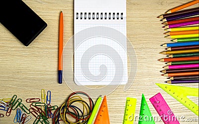 School supplies pencil, pen, ruler, triangle on blackboard bac Stock Photo