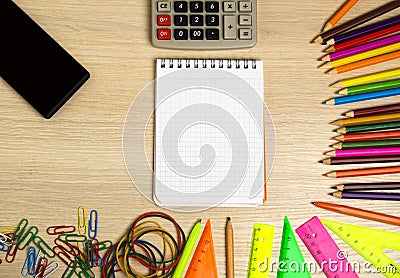 School supplies pencil, pen, ruler, triangle on blackboard background ready for your design .school supplies top view Stock Photo