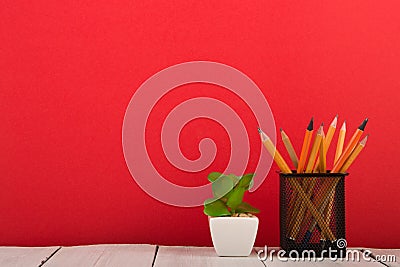 school supplies on red background, back to school concept Stock Photo