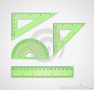 School supplies. Set of green plastic transparent plastic measuring tools Vector Illustration