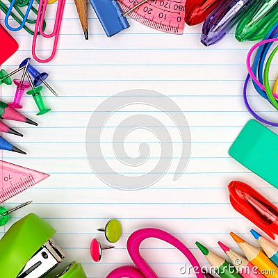 School supplies square frame on lined paper background Stock Photo