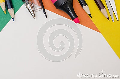 School supplies, stationery accessories on paper background. Stock Photo
