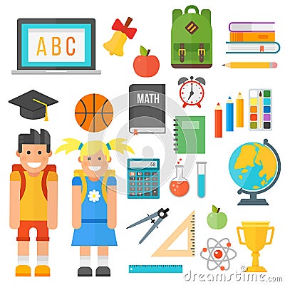 School supplies stationery equipment and schoolkid vector illustration. Vector Illustration