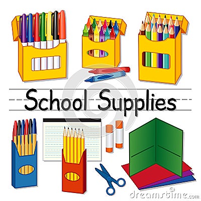 School Supplies, Whiteboard Background Vector Illustration