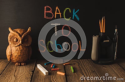 School supplies on a wooden table,rustic. Stock Photo