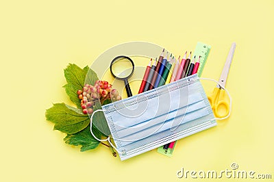 School supplies on yellow background. Back to school concept. New school year 2020. Flat lay. Copy space. Stock Photo