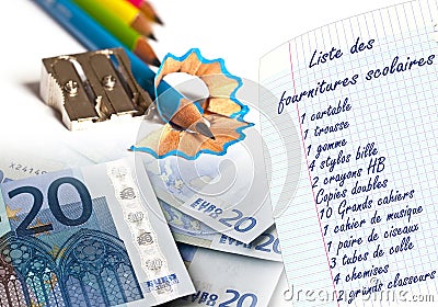 School supply list written in french and euros Stock Photo