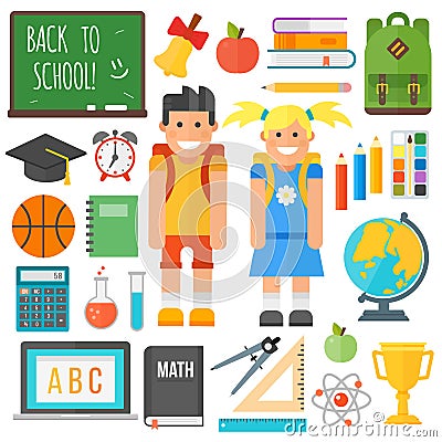 School symbols and kids set. Stock Photo