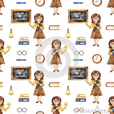 Watercolor seamless pattern with school teacher, blackboard, books, clock on a white background Stock Photo