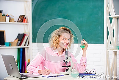 School teacher keep studying every day. Study microbiology. School laboratory. Equipment for studying. Investigate Stock Photo