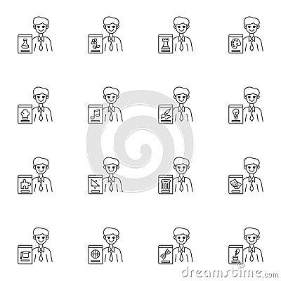 School teacher man line icons set Vector Illustration