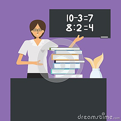 School teacher shows an example of calculation on a blackboard, illustration for educational institutions Vector Illustration