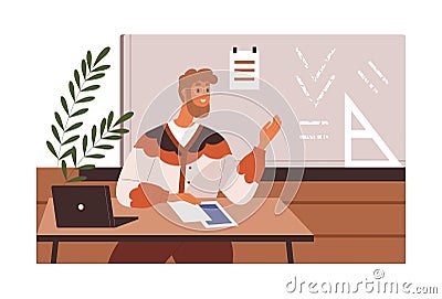 School teacher sitting at desk, speaking and teaching maths. Man educator conducting lesson, lecture in classroom Vector Illustration