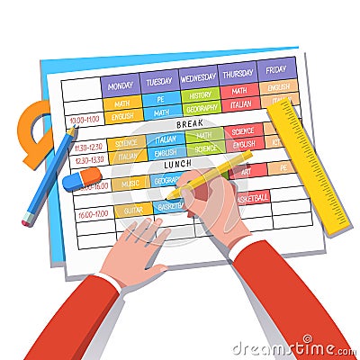 School teacher or student drawing a class schedule Vector Illustration