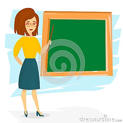 School teacher young cheerful woman. School teacher teaching with a pointer. Vector Illustration. Vector Illustration