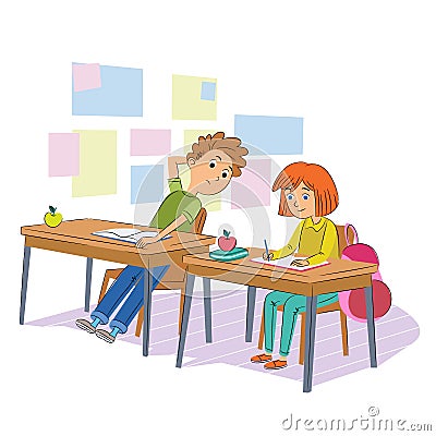 School test cheating flat vector illustration. Schoolmates, classmates in uniform cartoon characters. Kids writing quiz Vector Illustration