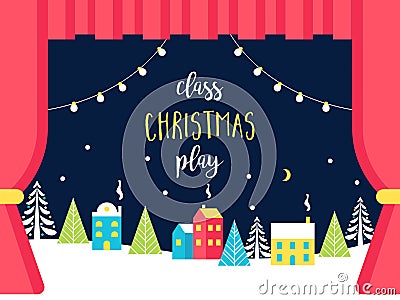 School or Theatre Stage Decorations for Christmas or New Year Play. Snowy Winter Wonderland and Lights Garlands. Class Vector Illustration