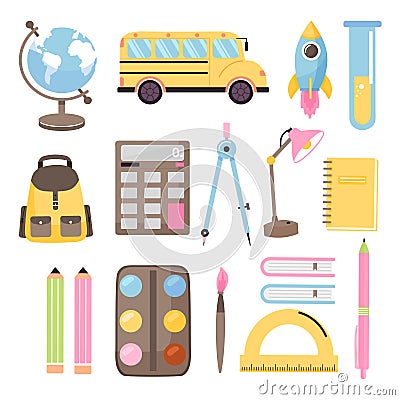 School time or back to school set. Collection of various school supplies. Vector Illustration