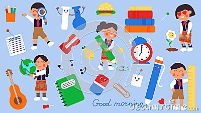 School time. Students and stationery, cute kawaii pupils in uniform. Cartoon preschool kids, educational lessons and Vector Illustration