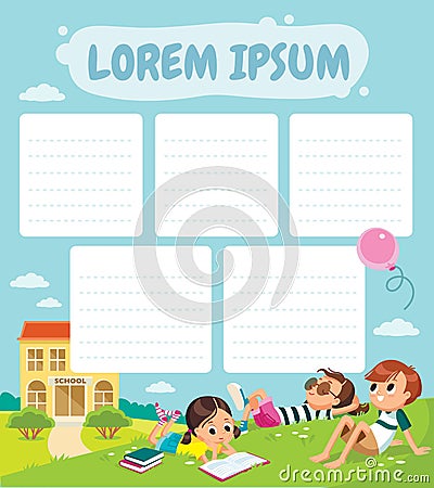 School time table template. Picture of pupils on school court yard Vector Illustration