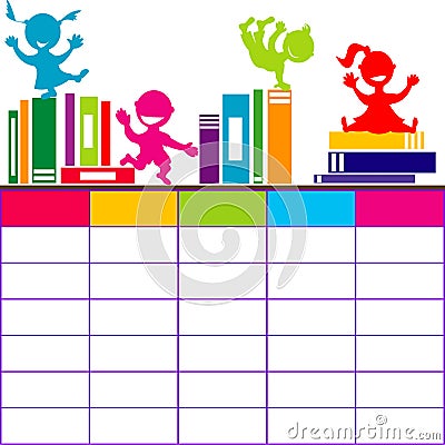 School timetable with books and cartoon kids playing Vector Illustration