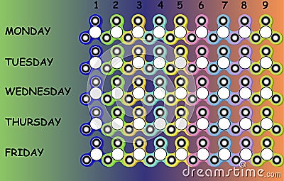 School timetable with colorful fidget spinners for kids and teenagers, time sheet. Vector Illustration