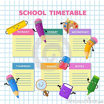 School timetable with funny cartoon stationery characters. Vector Illustration
