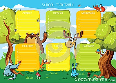 School timetable forest animals Vector Illustration